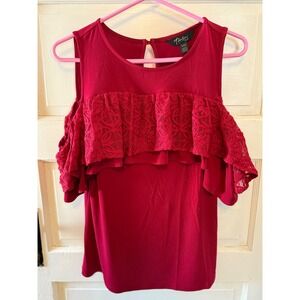 Thalia Sodi Cold Shoulder Lace Trim Top Women's S/CH Red